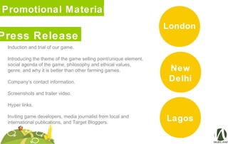 Promotional Material
Induction and trial of our game.
Introducing the theme of the game selling point/unique element,
social agenda of the game, philosophy and ethical values,
genre, and why it is better than other farming games.
Company’s contact information.
Screenshots and trailer video.
Hyper links.
Inviting game developers, media journalist from local and
international publications, and Target Bloggers.
Press Release
New
Delhi
Lagos
London
 