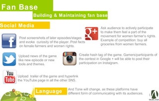 Fan Base
Social Media
Building & Maintaining fan base
Post screenshots of later episodes/stages
and evoke curiosity of the player. Post facts
on female farmers and women rights.
Upload news of the game
like new episode or new
tools and themes.
Language And Tone will change, as these platforms have
different form of communicating with its audiences.
Ask audience to actively participate
to make them feel a part of the
movement for women farmer’s rights.
Example of competition: buy all
groceries from women farmers.
Create hash tag of the game. Gamers/participants of
the contest in Google + will be able to post their
participation on Instagram.
Upload trailer of the game and hyperlink
the YouTube page in all the other SNS.
 
