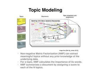 Topic Modeling
• Non-negative Matrix Factorization (NMF) can extract
meaningful topics without any prior knowledge of the
underlying data.
• For a topic, NMF calculates the importance of its words.
• NMF summarizes a document by assigning a score to
each of the N topics.
 