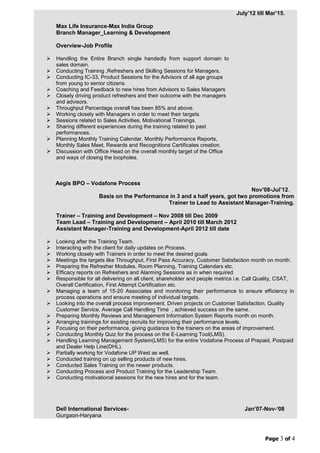 Page 3 of 4
Max Life Insurance-Max India Group
Branch Manager_Learning & Development
Overview-Job Profile
 Handling the Entire Branch single handedly from support domain to
sales domain.
 Conducting Training ,Refreshers and Skilling Sessions for Managers.
 Conducting IC-33, Product Sessions for the Advisors of all age groups
from young to senior citizens.
 Coaching and Feedback to new hires from Advisors to Sales Managers
 Closely driving product refreshers and their outcome with the managers
and advisors.
 Throughput Percentage overall has been 85% and above.
 Working closely with Managers in order to meet their targets.
 Sessions related to Sales Activities, Motivational Trainings.
 Sharing different experiences during the training related to past
performances.
 Planning Monthly Training Calendar, Monthly Performance Reports,
Monthly Sales Meet, Rewards and Recognitions Certificates creation.
 Discussion with Office Head on the overall monthly target of the Office
and ways of closing the loopholes.
July‟12 till Mar‟15.
Aegis BPO – Vodafone Process
Nov‟08-Jul‟12.
Basis on the Performance in 3 and a half years, got two promotions from
Trainer to Lead to Assistant Manager-Training.
Trainer – Training and Development – Nov 2008 till Dec 2009
Team Lead – Training and Development – April 2010 till March 2012
Assistant Manager-Training and Development-April 2012 till date
 Looking after the Training Team.
 Interacting with the client for daily updates on Process.
 Working closely with Trainers in order to meet the desired goals.
 Meetings the targets like Throughput, First Pass Accuracy, Customer Satisfaction month on month.
 Preparing the Refresher Modules, Room Planning, Training Calendars etc.
 Efficacy reports on Refreshers and Alarming Sessions as in when required.
 Responsible for all delivering on all client, shareholder and people metrics i.e. Call Quality, CSAT,
Overall Certification, First Attempt Certification etc.
 Managing a team of 15-20 Associates and monitoring their performance to ensure efficiency in
process operations and ensure meeting of individual targets.
 Looking into the overall process improvement. Driven projects on Customer Satisfaction, Quality
Customer Service, Average Call Handling Time , achieved success on the same.
 Preparing Monthly Reviews and Management Information System Reports month on month.
 Arranging trainings for existing recruits for improving their performance levels.
 Focusing on their performance, giving guidance to the trainers on the areas of improvement.
 Conducting Monthly Quiz for the process on the E-Learning Tool(LMS).
 Handling Learning Management System(LMS) for the entire Vodafone Process of Prepaid, Postpaid
and Dealer Help Line(DHL).
 Partially working for Vodafone UP West as well.
 Conducted training on up selling products of new hires.
 Conducted Sales Training on the newer products.
 Conducting Process and Product Training for the Leadership Team.
 Conducting motivational sessions for the new hires and for the team.
Dell International Services-
Gurgaon-Haryana
Jan‟07-Nov-„08
 