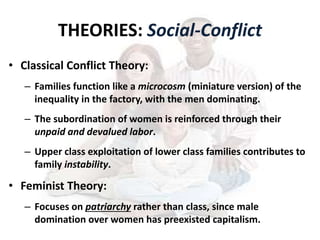 THEORIES: Social-Conflict
• Classical Conflict Theory:
– Families function like a microcosm (miniature version) of the
inequality in the factory, with the men dominating.
– The subordination of women is reinforced through their
unpaid and devalued labor.
– Upper class exploitation of lower class families contributes to
family instability.
• Feminist Theory:
– Focuses on patriarchy rather than class, since male
domination over women has preexisted capitalism.
 