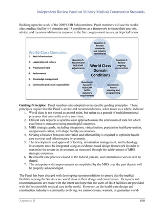 Independent Review Panel on Military Medical Construction Standards
Appendix D 100
Building upon the work of the 2009 DHB Subcommittee, Panel members will use the world-
class medical facility’s 6 domains and 18 conditions as a framework to shape their analysis,
advice, and recommendations in response to the five congressional issues, as depicted below.
Guiding Principles: Panel members also adopted seven specific guiding principles. These
principles require that the Panel’s advice and recommendations, when taken as a whole, indicate:
1. World class is not viewed as an end point, but rather as a pursuit of multidimensional
processes that constantly evolve over time.
2. Clinical care requires a systems-wide approach across the continuum of care for which
excellence is measured using meaningful outcomes.
3. MHS strategic goals, including integration, virtualization, population health prevention,
and personalization, will shape facility investments.
4. Striking a balance between innovation and affordability is required to optimize health
care services and infrastructure investments.
5. The development and approval of facility, information management, and technology
investments must be integrated using an evidence-based design framework in order to
maximize the return on investment, as measured through the achievement of MHS
strategic outcomes.
6. Best health care practices found in the federal, private, and international sectors will be
shared.
7. The enterprise-wide improvements accomplished by the MHS over the past decade will
be properly acknowledged.
The Panel has been charged with developing recommendations to ensure that the medical
facilities serving the Services are world class in their design and construction. Its reports and
recommendations are made with the intent and hope that the users of DoD facilities are provided
with the best possible medical care in the world. However, as the health care design and
construction industry is continually evolving, we cannot ensure, warrant, or guarantee world-
 