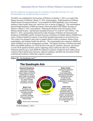 Independent Review Panel on Military Medical Construction Standards
Appendix E 108
NATIONAL DEFENSE AUTHORIZATION ACT FOR FISCAL YEAR 2013, SECTION 731, AND
ESTABLISHMENT OF THE DEFENSE HEALTH AGENCY
The DHA was established by the Secretary of Defense on October 1, 2013, as a result of the
Deputy Secretary of Defense’s March 11, 2013, memorandum, “Implementation of Military
Health System Governance Reform,” to accomplish the MHS Quadruple Aim of increased
readiness, better health, better care, and lower cost, as shown in Figure 15. This memorandum
directed implementation of MHS governance reform described in the Deputy Secretary of
Defense’s March 2, 2012, memorandum, “Planning for Reform of the Governance of the
Military Health System,” and had been included in Section 731 of the FY 2013 NDAA. The
March 11, 2013, memorandum directed the Under Secretary of Defense for Personnel and
Readiness (USD(P&R)) and the Assistant Secretary of Defense for Health Affairs (ASD(HA)) to
create a Defense Health Governance Council that included representatives from the Services.
This council was charged to take steps to support efforts to achieve jointness, enhance fiscal
sustainability, and integrate health care delivery. The memorandum also created six eMSMs of
which ASD(HA) was given management oversight. The Deputy Secretary of Defense provided
DHA with eMSM authority over NCR facilities with specific authority, direction, and control
over the NCR inpatient facilities and its supporting clinics (unlike the other five eMSMs).
Enhanced authority gave each eMSM the authority to allocate a budget for their market, direct
common clinical and business functions, optimize readiness, and direct the movement of both
workload and workforce within their respective markets.7
Figure 15. The Quadruple Aim39
From Woodson J., 2013.
 