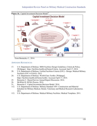 Independent Review Panel on Military Medical Construction Standards
Appendix G 120
Figure 16. Capital Investment Decision Model51
From Boenecke, C., 2014.
APPENDIX REFERENCES
17. U.S. Department of Defense. MHS Facilities Design Guidelines, Criteria & Policy.
[Webpage]. https://facilities.health.mil/home/Criteria. Accessed April 17, 2014.
20. U.S. Department of Defense. Unified Facilities Criteria (UFC) - Design: Medical Military
Facilities (UFC 4-510-01). 2012.
24. U.S. Department of Defense. World-Class Toolkit. [Webpage].
https://facilities.health.mil/home/toolkit. Accessed April 17, 2014.
25. Boenecke C. Shared Service Annual Report Discussion. 2014.
26. McWhirt D. HCRA Process. 2014.
51. Boenecke C. Capital Investment Decision Model. 2014.
112. U.S. Department of Defense. Military Standard 1691: Construction and Material
Schedule for Military Medical, Dental, Veterinary and Medical Research Laboratories.
2011.
113. U.S. Department of Defense. Medical Military Facilities: Medical Templates. 2011.
 