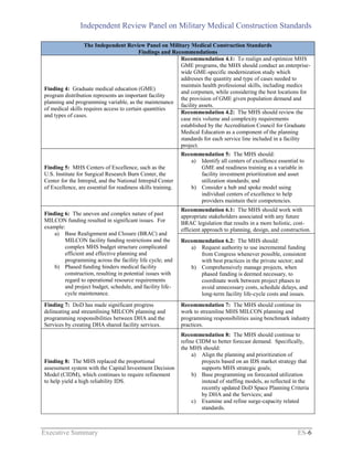 Independent Review Panel on Military Medical Construction Standards
Executive Summary ES-6
The Independent Review Panel on Military Medical Construction Standards
Findings and Recommendations
Finding 4: Graduate medical education (GME)
program distribution represents an important facility
planning and programming variable, as the maintenance
of medical skills requires access to certain quantities
and types of cases.
Recommendation 4.1: To realign and optimize MHS
GME programs, the MHS should conduct an enterprise-
wide GME-specific modernization study which
addresses the quantity and type of cases needed to
maintain health professional skills, including medics
and corpsmen, while considering the best locations for
the provision of GME given population demand and
facility assets.
Recommendation 4.2: The MHS should review the
case mix volume and complexity requirements
established by the Accreditation Council for Graduate
Medical Education as a component of the planning
standards for each service line included in a facility
project.
Finding 5: MHS Centers of Excellence, such as the
U.S. Institute for Surgical Research Burn Center, the
Center for the Intrepid, and the National Intrepid Center
of Excellence, are essential for readiness skills training.
Recommendation 5: The MHS should:
a) Identify all centers of excellence essential to
GME and readiness training as a variable in
facility investment prioritization and asset
utilization standards; and
b) Consider a hub and spoke model using
individual centers of excellence to help
providers maintain their competencies.
Finding 6: The uneven and complex nature of past
MILCON funding resulted in significant issues. For
example:
a) Base Realignment and Closure (BRAC) and
MILCON facility funding restrictions and the
complex MHS budget structure complicated
efficient and effective planning and
programming across the facility life cycle; and
b) Phased funding hinders medical facility
construction, resulting in potential issues with
regard to operational resource requirements
and project budget, schedule, and facility life-
cycle maintenance.
Recommendation 6.1: The MHS should work with
appropriate stakeholders associated with any future
BRAC legislation that results in a more holistic, cost-
efficient approach to planning, design, and construction.
Recommendation 6.2: The MHS should:
a) Request authority to use incremental funding
from Congress whenever possible, consistent
with best practices in the private sector; and
b) Comprehensively manage projects, when
phased funding is deemed necessary, to
coordinate work between project phases to
avoid unnecessary costs, schedule delays, and
long-term facility life-cycle costs and issues.
Finding 7: DoD has made significant progress
delineating and streamlining MILCON planning and
programming responsibilities between DHA and the
Services by creating DHA shared facility services.
Recommendation 7: The MHS should continue its
work to streamline MHS MILCON planning and
programming responsibilities using benchmark industry
practices.
Finding 8: The MHS replaced the proportional
assessment system with the Capital Investment Decision
Model (CIDM), which continues to require refinement
to help yield a high reliability IDS.
Recommendation 8: The MHS should continue to
refine CIDM to better forecast demand. Specifically,
the MHS should:
a) Align the planning and prioritization of
projects based on an IDS market strategy that
supports MHS strategic goals;
b) Base programming on forecasted utilization
instead of staffing models, as reflected in the
recently updated DoD Space Planning Criteria
by DHA and the Services; and
c) Examine and refine surge-capacity related
standards.
 
