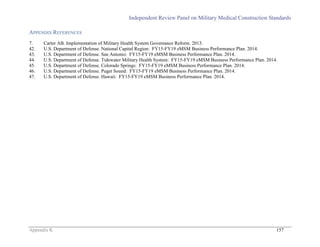 Independent Review Panel on Military Medical Construction Standards
Appendix K 157
APPENDIX REFERENCES
7. Carter AB. Implementation of Military Health System Governance Reform. 2013.
42. U.S. Department of Defense. National Capital Region: FY15-FY19 eMSM Business Performance Plan. 2014.
43. U.S. Department of Defense. San Antonio: FY15-FY19 eMSM Business Performance Plan. 2014.
44. U.S. Department of Defense. Tidewater Military Health System: FY15-FY19 eMSM Business Performance Plan. 2014.
45. U.S. Department of Defense. Colorado Springs: FY15-FY19 eMSM Business Performance Plan. 2014.
46. U.S. Department of Defense. Puget Sound: FY15-FY19 eMSM Business Performance Plan. 2014.
47. U.S. Department of Defense. Hawaii: FY15-FY19 eMSM Business Performance Plan. 2014.
 