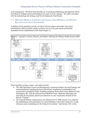 Independent Review Panel on Military Medical Construction Standards
Introduction 2
cycle management. The Panel then describes its overarching methodology and approach, before
describing its findings and recommendations for each of its five charges. The report concludes
with the methodology and strategy used for developing the Final Report.
1.1 MILITARY MEDICAL CONSTRUCTION LEGISLATION, REPORTS, AND STUDIES
RELATED TO FACILITY STANDARDS
A plethora of key legislative actions, as well as relevant reports and studies, have had a
transformative effect on DoD’s ability to deliver care over the past decade and laid the
foundation for the establishment of the Panel (Figure 1).
Figure 1. Legislative Actions, Reports, and Studies Affecting the Military Health System (2005-
2015)
These legislative actions, reports, and studies include:
 The 2005 DoD Base Closure and Realignment Commission Report provided findings and
recommendations regarding the bases and military installations recommended to be
closed and/or realigned by DoD, including realigning Walter Reed Army Medical Center,
Washington, DC, with the National Naval Medical Center, Bethesda, Maryland, and
relocating all non-tertiary patient care functions to a new community hospital at Fort
Belvoir, Virginia.8
 The National Defense Authorization Act (NDAA) for FY 2008, Section 722, called for
the establishment and maintenance of a Joint Pathology Center that would serve “as the
reference center in pathology for the Federal Government,” and Section 1632, which
 