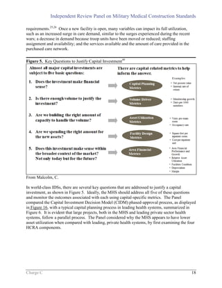 Independent Review Panel on Military Medical Construction Standards
Charge C 18
requirements.25,26
Once a new facility is open, many variables can impact its full utilization,
such as an increased surge in care demand, similar to the surges experienced during the recent
wars; a decrease in demand because troop units have been moved or reduced; staffing
assignment and availability; and the services available and the amount of care provided in the
purchased care network.
Figure 5. Key Questions to Justify Capital Investment49
From Malcolm, C.
In world-class IDSs, there are several key questions that are addressed to justify a capital
investment, as shown in Figure 5. Ideally, the MHS should address all five of these questions
and monitor the outcomes associated with each using capital-specific metrics. The Panel
compared the Capital Investment Decision Model (CIDM) phased-approval process, as displayed
in Figure 16, with a typical capital planning process in leading health systems, summarized in
Figure 6. It is evident that large projects, both in the MHS and leading private sector health
systems, follow a parallel process. The Panel considered why the MHS appears to have lower
asset utilization when compared with leading, private health systems, by first examining the four
HCRA components.
 