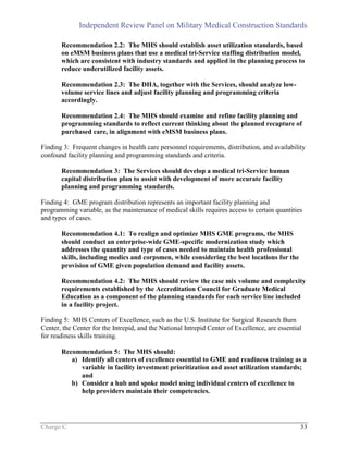 Independent Review Panel on Military Medical Construction Standards
Charge C 33
Recommendation 2.2: The MHS should establish asset utilization standards, based
on eMSM business plans that use a medical tri-Service staffing distribution model,
which are consistent with industry standards and applied in the planning process to
reduce underutilized facility assets.
Recommendation 2.3: The DHA, together with the Services, should analyze low-
volume service lines and adjust facility planning and programming criteria
accordingly.
Recommendation 2.4: The MHS should examine and refine facility planning and
programming standards to reflect current thinking about the planned recapture of
purchased care, in alignment with eMSM business plans.
Finding 3: Frequent changes in health care personnel requirements, distribution, and availability
confound facility planning and programming standards and criteria.
Recommendation 3: The Services should develop a medical tri-Service human
capital distribution plan to assist with development of more accurate facility
planning and programming standards.
Finding 4: GME program distribution represents an important facility planning and
programming variable, as the maintenance of medical skills requires access to certain quantities
and types of cases.
Recommendation 4.1: To realign and optimize MHS GME programs, the MHS
should conduct an enterprise-wide GME-specific modernization study which
addresses the quantity and type of cases needed to maintain health professional
skills, including medics and corpsmen, while considering the best locations for the
provision of GME given population demand and facility assets.
Recommendation 4.2: The MHS should review the case mix volume and complexity
requirements established by the Accreditation Council for Graduate Medical
Education as a component of the planning standards for each service line included
in a facility project.
Finding 5: MHS Centers of Excellence, such as the U.S. Institute for Surgical Research Burn
Center, the Center for the Intrepid, and the National Intrepid Center of Excellence, are essential
for readiness skills training.
Recommendation 5: The MHS should:
a) Identify all centers of excellence essential to GME and readiness training as a
variable in facility investment prioritization and asset utilization standards;
and
b) Consider a hub and spoke model using individual centers of excellence to
help providers maintain their competencies.
 