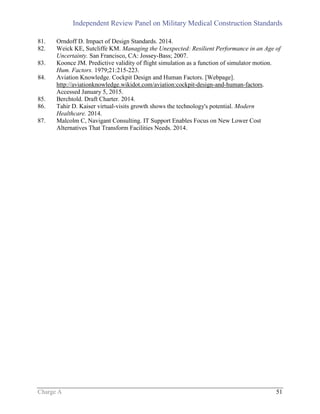 Independent Review Panel on Military Medical Construction Standards
Charge A 51
81. Orndoff D. Impact of Design Standards. 2014.
82. Weick KE, Sutcliffe KM. Managing the Unexpected: Resilient Performance in an Age of
Uncertainty. San Francisco, CA: Jossey-Bass; 2007.
83. Koonce JM. Predictive validity of flight simulation as a function of simulator motion.
Hum. Factors. 1979;21:215-223.
84. Aviation Knowledge. Cockpit Design and Human Factors. [Webpage].
http://aviationknowledge.wikidot.com/aviation:cockpit-design-and-human-factors.
Accessed January 5, 2015.
85. Berchtold. Draft Charter. 2014.
86. Tahir D. Kaiser virtual-visits growth shows the technology's potential. Modern
Healthcare. 2014.
87. Malcolm C, Navigant Consulting. IT Support Enables Focus on New Lower Cost
Alternatives That Transform Facilities Needs. 2014.
 