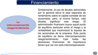 Financiamiento
La
intercompensación
riesgo/rendimiento
Similarmente, el uso de deudas adicionales
por lo general eleva la tasa esperada de
rendimiento sobre el capital contable de los
accionistas, pero, al mismo tiempo, más
deudas significan más riesgo. El
administrador financiero busca aquel punto
de equilibrio particular entre el riesgo y la
rentabilidad que maximizará la riqueza de
los accionistas de la empresa. Este punto
de equilibrio se llama intercompensación
riesgo/rendimiento. Casi todas las
decisiones financieras de importancia
tienen que ver con esta intercompensación.
 