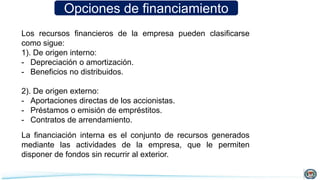 Opciones de financiamiento
Los recursos financieros de la empresa pueden clasificarse
como sigue:
1). De origen interno:
- Depreciación o amortización.
- Beneficios no distribuidos.
2). De origen externo:
- Aportaciones directas de los accionistas.
- Préstamos o emisión de empréstitos.
- Contratos de arrendamiento.
La financiación interna es el conjunto de recursos generados
mediante las actividades de la empresa, que le permiten
disponer de fondos sin recurrir al exterior.
 