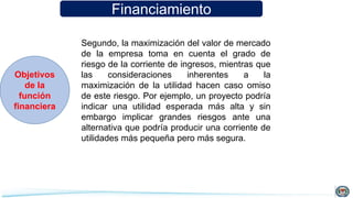 Financiamiento
Objetivos
de la
función
financiera
Segundo, la maximización del valor de mercado
de la empresa toma en cuenta el grado de
riesgo de la corriente de ingresos, mientras que
las consideraciones inherentes a la
maximización de la utilidad hacen caso omiso
de este riesgo. Por ejemplo, un proyecto podría
indicar una utilidad esperada más alta y sin
embargo implicar grandes riesgos ante una
alternativa que podría producir una corriente de
utilidades más pequeña pero más segura.
 