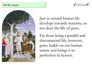 The life of grace
Just as natural human life
develops towards maturity, so
too does the life of grace.
Far from being a parallel and
disconnected life, however,
grace builds on our human
nature and brings it to
perfection in heaven.
 