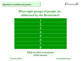 Questions to reinforce key points
The poor in spirit
The mourners
The meek
Those hungry and thirsty for righteousness
The merciful
The pure in heart
The peacemakers
Those persecuted for righteousness’ sake
What eight groups of people are
addressed by the Beatitudes?
Activities Menu Concluding Prayer
1
Click on a box to reveal one
of the answers
2
3
4
5
6
7
8
 