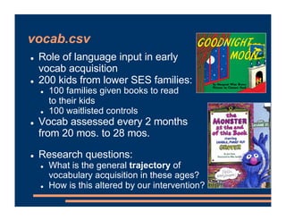 vocab.csv
! Role of language input in early
vocab acquisition
! 200 kids from lower SES families:
! 100 families given boo...