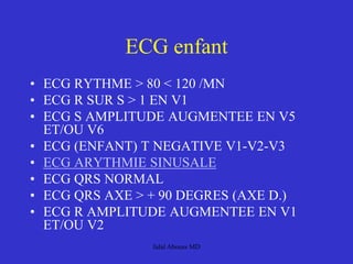 ECG enfant
• ECG RYTHME > 80 < 120 /MN
• ECG R SUR S > 1 EN V1
• ECG S AMPLITUDE AUGMENTEE EN V5
ET/OU V6
• ECG (ENFANT) T NEGATIVE V1-V2-V3
• ECG ARYTHMIE SINUSALE
• ECG QRS NORMAL
• ECG QRS AXE > + 90 DEGRES (AXE D.)
• ECG R AMPLITUDE AUGMENTEE EN V1
ET/OU V2
Jalal Abouss MD
 