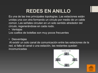 REDES EN ANILLO
Es una de las tres principales topologías. Las estaciones están
unidas una con otra formando un círculo por medio de un cable
común. Las señales circulan en un solo sentido alrededor del
círculo, regenerándose en cada nodo.
• Ventajas
Los cuellos de botellas son muy pocos frecuentes
• Desventajas
Al existir un solo canal de comunicación entre las estaciones de la
red, si falla el canal o una estación, las restantes quedan
incomunicadas
 