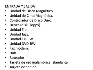ENTRADA Y SALIDA
• Unidad de Disco Magnético.
• Unidad de Cinta Magnética.
• Controlador de Disco Duro.
• Drives (disk Floppy).
• Unidad Zip.
• Unidad Jazz.
• Unidad CD-RW
• Unidad DVD-RW
• Fax modem.
• Hub
• Ruteador
• Tarjeta de red inalámbrica, alámbrica
• Tarjeta de sonido
 