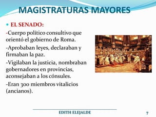  EL SENADO:
-Cuerpo político consultivo que
orientó el gobierno de Roma.
-Aprobaban leyes, declaraban y
firmaban la paz.
-Vigilaban la justicia, nombraban
gobernadores en provincias,
aconsejaban a los cónsules.
-Eran 300 miembros vitalicios
(ancianos).
MAGISTRATURAS MAYORES
___________________________________________
EDITH ELEJALDE 7
 