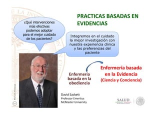 Integremos en el cuidado
la mejor investigación con
nuestra experiencia clínica
y las preferencias del
paciente
PRACTICAS BASADAS EN
EVIDENCIAS¿Qué intervenciones
más efectivas
podemos adoptar
para el mejor cuidado
de los pacientes?
David Sackett
Professor Emeritus
McMaster University
Enfermería
basada en la
obediencia
Enfermería basada
en la Evidencia
(Ciencia y Conciencia)
ManuelAmezcua
 
