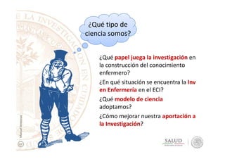 ¿Qué tipo de
ciencia somos?
¿Qué papel juega la investigación en
la construcción del conocimiento
enfermero?
¿En qué situación se encuentra la Inv¿En qué situación se encuentra la Inv
en Enfermería en el ECI?
¿Qué modelo de ciencia
adoptamos?
¿Cómo mejorar nuestra aportación a
la Investigación?
ManuelAmezcua
 