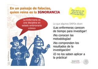La Enfermería esLa Enfermería es
una disciplina en
estado embrionario
crónico
Lo que algunos DAFOs dicen
¡Las enfermeras carecen
de tiempo para investigar!
¡No conocen las
En un paisaje de falacias,
quien reina es la IGNORANCIA
¡No conocen las
metodologías!
¡No comprenden los
resultados de la
investigación!
¡O no los saben aplicar a
la práctica!
ManuelAmezcua
 
