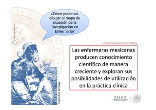 ¿Cómo podemos¿Cómo podemos
dibujar el mapa de
situación de la
Investigación en
Enfermería?
ManuelAmezcua
Las enfermeras mexicanas
producen conocimiento
Una hipótesis alternativa
CaprichosdeGoya producen conocimiento
científico de manera
creciente y exploran sus
posibilidades de utilización
en la práctica clínica
 