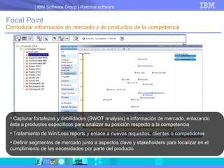 Focal Point Centralizar información de mercado y de productos de la competencia Capturar fortalezas y debilidades (SWOT analysis) e información de mercado, enlazando ésta a productos específicos para analizar su posición respecto a la competencia Tratamiento de Win/Loss reports y enlace a nuevos requisitos, clientes o competidores Definir segmentos de mercado junto a aspectos clave y stakeholders para focalizar en el cumplimiento de las necesidades por parte del producto 
