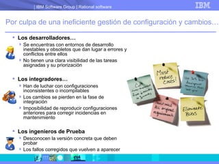 Por culpa de una ineficiente gestión de configuración y cambios… Los desarrolladores… Se encuentras con entornos de desarrollo inestables y obsoletos que dan lugar a errores y conflictos entre ellos No tienen una clara visibilidad de las tareas asignadas y su priorización Los integradores… Han de luchar con configuraciones inconsistentes o incompilables Los cambios se pierden en la fase de integración Imposibilidad de reproducir configuraciones anteriores para corregir incidencias en mantenimiento Los ingenieros de Prueba Desconocen la versión concreta que deben probar Los fallos corregidos que vuelven a aparecer 