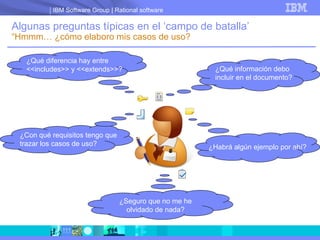 Algunas preguntas típicas en el ‘campo de batalla’ “Hmmm… ¿cómo elaboro mis casos de uso? ¿Qué diferencia hay entre <<includes>> y <<extends>>? ¿Qué información debo incluir en el documento? ¿Con qué requisitos tengo que trazar los casos de uso?  ¿Habrá algún ejemplo por ahí? ¿Seguro que no me he olvidado de nada? 