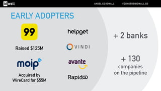 EARLY ADOPTERS
+ 130 
companies 
on the pipeline
+ 2 banks
Acquired by
WireCard for $55M
Raised $125M
ANGEL.CO/IDWALL FOUNDERS@IDWALL.CO
 