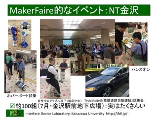 2018/9/1 Interface Device Laboratory, Kanazawa University http://ifdl.jp/
MakerFaire的なイベント：NT金沢
約100組（7月・金沢駅前地下広場）：実はたくさんい
る
TeslaModelS(高速道路自動運転）試乗会
ホバーボート試乗
自作ウエアラブル椅子（製品化中）
ハンズオン
 