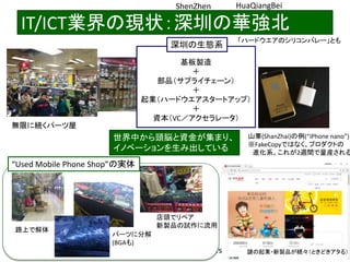 2018/9/1 Interface Device Laboratory, Kanazawa University http://ifdl.jp/
IT/ICT業界の現状：深圳の華強北
19
山寨(ShanZhai)の例(“iPhone nano”)
※FakeCopyではなく、プロダクトの
進化系。これが2週間で量産される
無限に続くパーツ屋
“Used Mobile Phone Shop”の実体
パーツに分解
(BGAも)
路上で解体
店頭でリペア
新製品の試作に流用
ShenZhen HuaQiangBei
基板製造
＋
部品（サプライチェーン）
＋
起業（ハードウエアスタートアップ）
＋
資本（VC／アクセラレータ）
深圳の生態系
謎の起業・新製品が続々（ときどきアタる）
世界中から頭脳と資金が集まり、
イノベーションを生み出している
「ハードウエアのシリコンバレー」とも
 