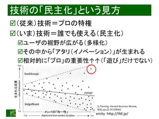 2018/9/1 Interface Device Laboratory, Kanazawa University http://ifdl.jp/
技術の「民主化」という見方
（従来）技術＝プロの特権
（いま）技術＝誰でも使える（民主化）
ユーザの裾野が広がる（多様化）
その中から「アタリ（イノベーション）」が生まれる
相対的に「プロ」の重要性↑↑（「遊び」だけでない）
(L.Fleming, Harvard Business Review,
8(9), pp.22-24 (2004))
メンバの「均一性」
生まれる成果
 
