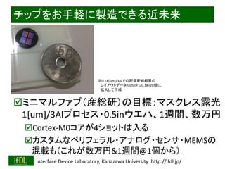 2018/9/1 Interface Device Laboratory, Kanazawa University http://ifdl.jp/
チップをお手軽に製造できる近未来
ミニマルファブ（産総研）の目標：マスクレス露光
1[um]/3Alプロセス・0.5inウエハ、1週間、数万円
Cortex-M0コアが4ショットは入る
カスタムなペリフェラル・アナログ・センサ・MEMSの
混載も（これが数万円&1週間@1個から）
※0.18[um]/3Alでの配置配線結果の
レイアウトデータ(GDS)を1/0.18=28倍に
拡大して作成
 