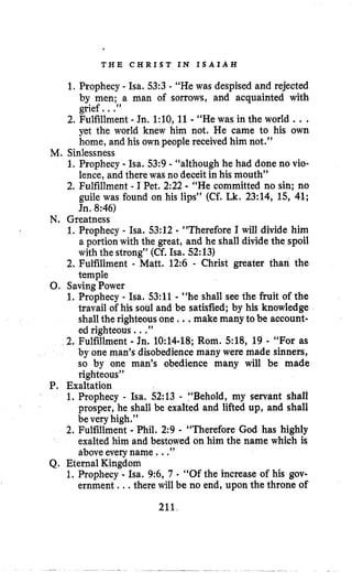 T H E C H R I S T I N I S A I A H
1.Prophecy - Isa. 53:3 - “He was despised and rejected
by men; a man of sorrows, and acquainted with
grief. ..”
2. Fulfillment - Jn, l:lO, 11- “He was in the world ...yet the world knew him not. He came to his own
home, and his own people received him not.”
1. Prophecy - Isa. 53:9 “although he had done no vio-
lence, and there was no deceit in his mouth”
2. Fulfillment - I Pet. 2:22 - “He committed no sin; no
guile was found on his lips” (Cf. Lk. 23:14, 15, 41;
Jn.8:46)
1.Prophecy - Isa. 53:12 - “Therefore I will divide him
a portion with the great, and he shall divide the spoil
with the strong” (Cf. Isa. 52:13)
2. Fulfillment - Matt. 12:6 - Christ greater than the
temple
1. Prophecy - Isa. 53:ll - “he shall see the fruit of the
travail of his soul and be satisfied; by his knowledge
shallthe righteous one ...make many to be account-
ed righteous ...”
2. Fulfillment - Jn. 10:14-18; Rom. 518, 19 - “For as
by one man’s disobedience many were made sinners,
so by one man’s obedience many will be made
righteous”
1. Prophecy - Isa. 52:13 - :‘Behold, my servant shall
prosper, he shall be exalted and lifted up, and shall
be very high.”
2. Fulfillment - Phil. 2:9 - “Therefore God has highly
exalted him and bestowed on him the name which is
above everyname ...”
1. Prophecy - Isa. 9:6, 7 - “Of the increase of his gov-
ernment. ..there will be no end, upon the throne of
M. Sinlessness
N. Greatness
0. SavingPower
P. Exaltation
Q. Eternal Kingdom
211,
 