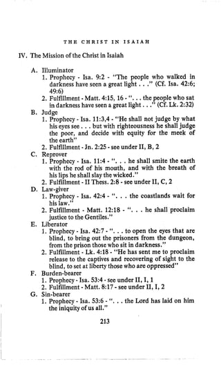 T H E C H R I S T I N I S A I A H
IV. The Mission ofthe Christ in Isaiah
A. Illuminator
1. Prophecy - Isa. 9:2 - “The people who walked in
darkness have seen a great light ...” (Cf. Isa. 42:6;
49:6)
2. Fulfillment -Matt. 4:15, 16 - ‘‘. ..the people who sat
in darknesshave seen a great light ...”(Cf.Lk, 2:32)
1. Prophecy - Isa. 11:3,4- “He shall not judge by what
his eyes see ...but with righteousness he shall judge
the poor, and decide with equity for the meek of
the earth”
B, Judge
2. Fulfillment -Jn. 2:25-see under 11,B, 2
1. Prophecy - Isa. 11:4 - “., .he shall smite the earth
with the rod of his mouth, and with the breath of
his lips he shall slaythewicked.”
2. Fulfillment - I1Thess. 2:8 - see under 11,C, 2
1. Prophecy - Isa. 42:4 - “...the coastlands wait for
2. Fulfillment - Matt. 12:18 - ‘‘. , .he shall proclaim
C. Reprover
D. Law-giver
his law.”
justice to the Gentiles.”
1. Prophecy - Isa. 42:7 - ‘‘, ..to open the eyes that are
blind, to bring out the prisoners from the dungeon,
fromthe prison those who sit in darkness.”
2. Fulfillment - Lk. 4:18 - “He has sent me to proclaim
release to the captives and recovering of sight to the
blind, to set at liberty those who are oppressed’’
E. Liberator
F. Burden-bearer
1, Prophecy - Isa. 53:4-see under 11,I, 1
2. Fulfillment -Matt. 8:17-see under 11,I, 2
1. Prophecy - Isa. 53:6 - “, ..the Lard has laid on him
G. Sin-bearer
the iniquity of us all.”
213
 