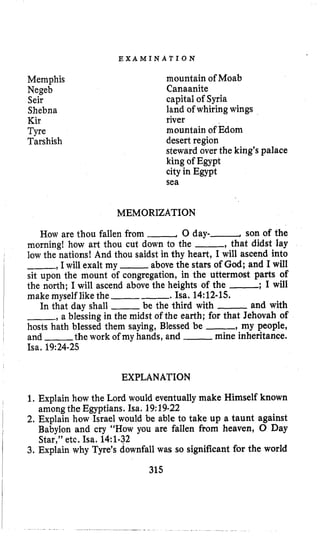 E X A M I N A T I O N
Memphis
Negeb
Seir
Shebna
Kir
Tyre
Tarshish
mountain of Moab
Canaanite
capital of Syria
land of whiring wings
river
mountain of m o m
desert region
steward over the king’s palace
king of Egypt
cityin Egypt
sea
MEMORIZATION
How are thou fallen from -, 0 day-- son of the
morning! how art thou cut down to the -, that didst lay
low the nations! And thou saidst in thy heart, I will ascend into
- 9 I will exalt my -above the stars of God;and I will
sit upon the mount of congregation, in the uttermost parts of
the north; I will ascend above the heights of the -; I will
make myself likethe--. Isa. 14:12-15.
In that day shall ~ be the third with .- and with
- 9 a blessing in the midst of the earth; for that Jehovah of
hosts hath blessed them saying, Blessed be -, my people,
and the work of my hands, and -mine inheritance.
Isa. 19:24-25
EXPLANATION
,
1I
1. Explain how the Lord would eventuallymake Himself known
among the Egyptians. Isa. 19:19-22
2. Explain how Israel would be able to take up a taunt against
Babylon and cry “How you are fallen from heaven, 0 Day
Star,” etc. Isa. 14:l-32
3. Explain why Tyre’s downfall was so significant for the world
315
 