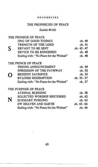 P R O P H E C I E S
THE PROPHECIES OF PEACE
(Isaiah 40-66)
THE PROMISE OF PEACE
ONG OF GOOD TIDINGS
TRENGTH OF THE LORD
ERVICE TO BE RENDERED
Ending with: “No Peace forthe Wicked”
s ERVANT TO BE SENT
THE PRINCE OF PEACE
PENING ANNOUNCEMENT
PPRESSION OF THE PATHWAY
BTAINED REDEMPTION
Ending with: “No Peace forthe Wicked”
0 BEDIENT SACRIFICE
THE PURPOSE OF PEACE
ATIONAL BLESSING
EGLECTED WORSHIP RESTORED
EW HEAVEN AND EARTH
Endingwith: “No Peace forthe Wicked”
N ECESSARY PURGING
ch. 40
ch. 41
ch. 40
ch. 48
ch. 42-47
ch. 49
ch. 52
ch. 53
ch. 57
ch. 55- 57
ch. 58
ch. 62
ch. 63
ch. 66
ch. 65-66
65
 