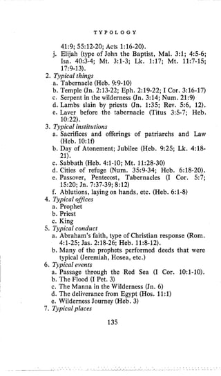 T Y P O L O G Y
41:9; 55:12-20; Acts 1:16-20).
j. Elijah (type of John the Baptist, Mal. 3:l; 4:5-6;
Isa. 40:3-4; Mt. 3:1-3; Lk. 1:17; Mt. 11:7-15;
17:9-13).
2. Typical things
a. Tabernacle (Heb. 9:9-10)
b. Temple (Jn. 2:13-22; Eph. 2:19-22; I Cor. 3:16-17)
c, Serpent in the wilderness (Jn. 3:14; Num. 21:9)
d. Lambs slain by priests (Jn. 1:35; Rev. 5 6 , 12).
e. Laver before the tabernacle (Titus 3:5-7; Heb.
10:22).
3. Typical institutions
(Heb. 1O:lf)
21).
a. Sacrifices and offerings of patriarchs and Law
b. Day of Atonement; Jubilee (Heb. 9:25; Lk. 4:18-
c. Sabbath (Heb. 4:1-10; Mt. 11:28-30)
d. Cities of refuge (Num. 359-34; Heb. 6:18-20).
e. Passover, Pentecost, Tabernacles (I Cor. 5 7 ;
f. Ablutions, laying on hands, etc. (Heb. 6:l-8)
4. Typical ojjices
a. Prophet
b. Priest
c. King
a. Abraham’s faith, type of Christian response (Rom.
b. Many of the prophets performed deeds that were
1520; Jn. 7:37-39; 8:12)
5. Typical conduct
4:l-25; Jas. 2:18-26; Heb. 11:8-12).
typical (Jeremiah, Hosea, etc.)
6. Typical events
a. Passage through the Red Sea (I Cor. 1O:l-10).
b. The Flood (I Pet. 3)
c. The Manna in the Wilderness (Jn. 6)
d. The deliverance from Egypt (Hos. 11:l)
e. Wilderness Journey (Heb. 3)
7. Typicalplaces
135
 