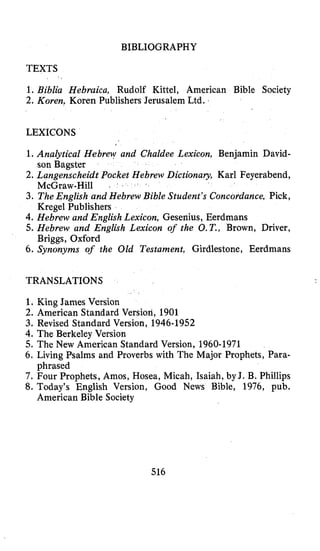 BIBLIOGRAPHY
TEXTS
1. Biblia Hebruica, Rudolf Kittel, American Bible Society
2. Koren, Koren Publishers Jerusalem Ltd.
LEXICONS
1. Analytical Hebrew and Chaldee Lexicon, Benjamin David-
2. Langenscheidt Pocket Hebrew Dictionary, Karl Feyerabend,
3. TheEnglish and Hebrew Bible Student’s Concordance, Pick,
4. Hebrew and EnglishLexicon, Gesenius, Eerdmans
5. Hebrew and English Lexicon of the O.T., Brown, Driver,
6. Synonyms of the Old Testament, Girdlestone, Eerdmans
son Bagster
McGraw-Hill . .
Kregel Publishers
Briggs, Oxford
TRANSLATIONS
1. King James Version
2. American Standard Version, 1901
3. Revised Standard Version, 1946-1952
4. The Berkeley Version
5. The New American Standard Version, 1960-1971
6. Living Psalms and Proverbs with The Major Prophets, Para-
7. Four Prophets, Amos, Hosea, Micah, Isaiah, by J. B. Phillips
8. Today’s English Version, Good News Bible, 1976, pub.
phrased
American Bible Society
516
 