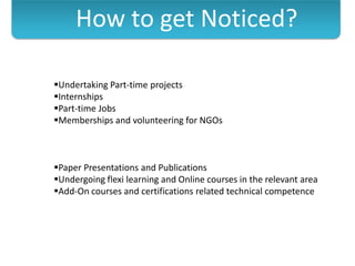 How to get Noticed?

Undertaking Part-time projects
Internships
Part-time Jobs
Memberships and volunteering for NGOs



Paper Presentations and Publications
Undergoing flexi learning and Online courses in the relevant area
Add-On courses and certifications related technical competence
 