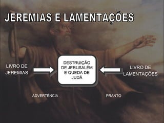 A MENSAGEM DE JEREMIAS
No princípio conclama ao arrependimento sincero, pois com o
retorno para Deus o juízo seria cancelado.
Quando o rolo da mensagem de Deus foi queimado pelo rei
Jeoaquim (cap 36), declara que o juízo é inevitável e o
melhor seria render-se aos Babilônios.
Após a queda de Jerusalém animou o povo aflito, pois Deus
tinha o propósito de restaurá-los (31.31-34).
A aliança do Sinai fora quebrada e em breve haveria nova
aliança.
12
 