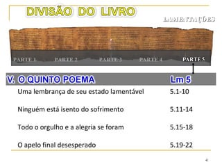 Jeremias morreu por volta de 580 aC, com 70 anos,
exilado no Egito.
Uma tradição judaica diz que foi apedrejado até a
morte por compatriotas que com ele fugiram para lá.
A alcunha de profeta chorão não lhe cabe bem.
Um profeta que anunciou desgraças ao seu próprio
povo mesmo quando preso a um tronco ou numa
cisterna cheia de lama merece um título mais justo.
41
 
