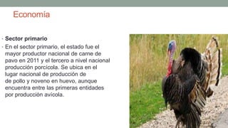 Economía
• Sector primario
• En el sector primario, el estado fue el
mayor productor nacional de carne de
pavo en 2011 y el tercero a nivel nacional en
producción porcícola. Se ubica en el quinto
lugar nacional de producción de carne
de pollo y noveno en huevo, aunque no se
encuentra entre las primeras entidades
por producción avícola.
 