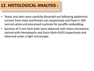 12. HISTOLOGICAL ANALYSIS :
• Testes and uteri were carefully dissected out following abdominal
incision from male and female rats respectively and fixed in 10%
normal-saline and processed routinely for paraffin embedding.
• Sections of 5 mm from both were obtained with rotary microtome,
stained with Hematoxylin and Eosin Stalin (H/E) respectively and
observed under a light microscope .
 