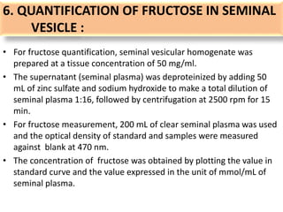 6. QUANTIFICATION OF FRUCTOSE IN SEMINAL
VESICLE :
• For fructose quantification, seminal vesicular homogenate was
prepared at a tissue concentration of 50 mg/ml.
• The supernatant (seminal plasma) was deproteinized by adding 50
mL of zinc sulfate and sodium hydroxide to make a total dilution of
seminal plasma 1:16, followed by centrifugation at 2500 rpm for 15
min.
• For fructose measurement, 200 mL of clear seminal plasma was used
and the optical density of standard and samples were measured
against blank at 470 nm.
• The concentration of fructose was obtained by plotting the value in
standard curve and the value expressed in the unit of mmol/mL of
seminal plasma.
 