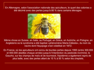 En Allemagne, selon l'association nationale des apiculteurs, le quart des colonies a été décimé avec des pertes jusqu'à 80 % dans certains élevages.  Même chose en Suisse, en Italie, au Portugal, en Grèce, en Autriche, en Pologne, en Angleterre où le syndrome a été baptisé «phénomène Marie-Céleste», du nom du navire dont l'équipage s'est volatilisé en 1872. En France, où les apiculteurs ont connu de lourdes pertes depuis 1995 (entre 300.000 et 400.000 abeilles chaque année) jusqu'à l'interdiction du pesticide incriminé, le Gaucho, sur les champs de maïs et de tournesol, l'épidémie a également repris de plus belle, avec des pertes allant de 15 % à 95 % selon les cheptels. 