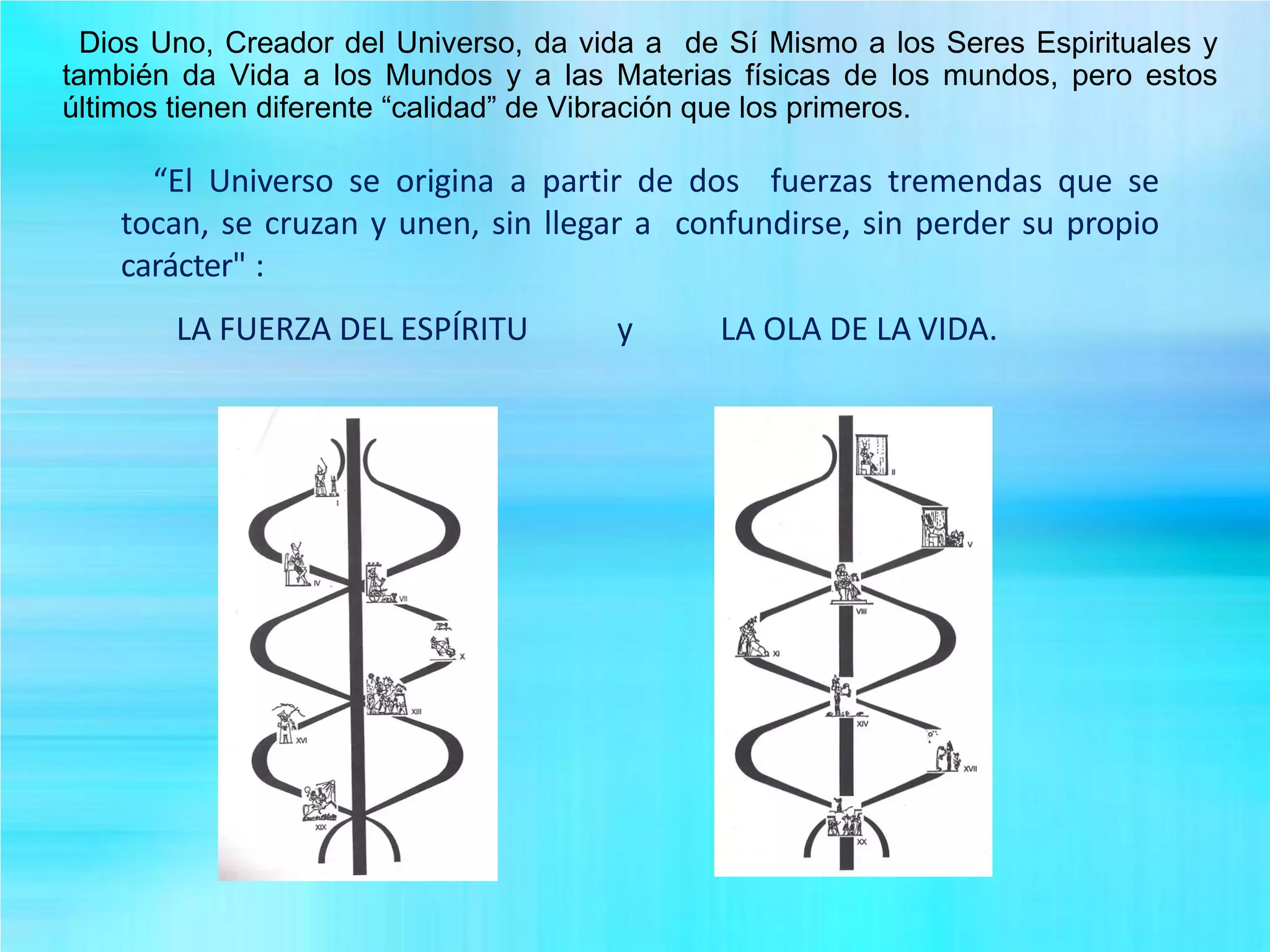 Dios Uno, Creador del Universo, da vida a de Sí Mismo a los Seres Espirituales y
también da Vida a los Mundos y a las Materias físicas de los mundos, pero estos
últimos tienen diferente “calidad” de Vibración que los primeros.
“El Universo se origina a partir de dos fuerzas tremendas que se
tocan, se cruzan y unen, sin llegar a confundirse, sin perder su propio
carácter" :
LA FUERZA DEL ESPÍRITU y LA OLA DE LA VIDA.
 